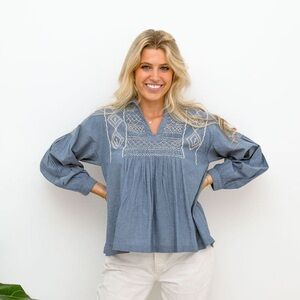 Erika Wilson Nantucket Madison Hand Smocked Top in Chambray